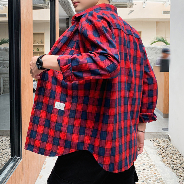 11017054.龙中龙 格子长袖衬衫男春秋宽松韩版潮休闲复古外穿衬衣外套