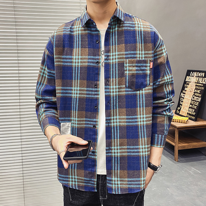 11017117.龙中龙 格子衬衫男长袖春秋男生复古少年感痞帅秋季休闲衬衣外套男款