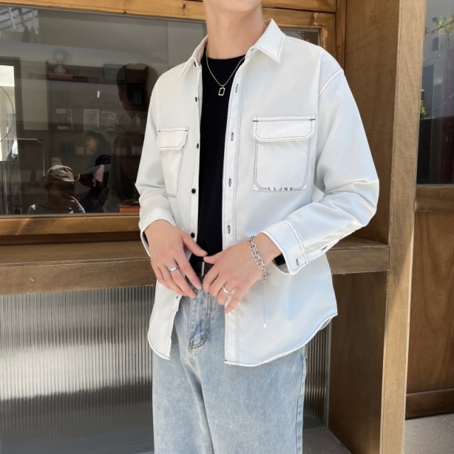 11019299.龙中龙 纯色简约工装衬衫男春秋季轻熟风宽松长袖衬衣外套男潮