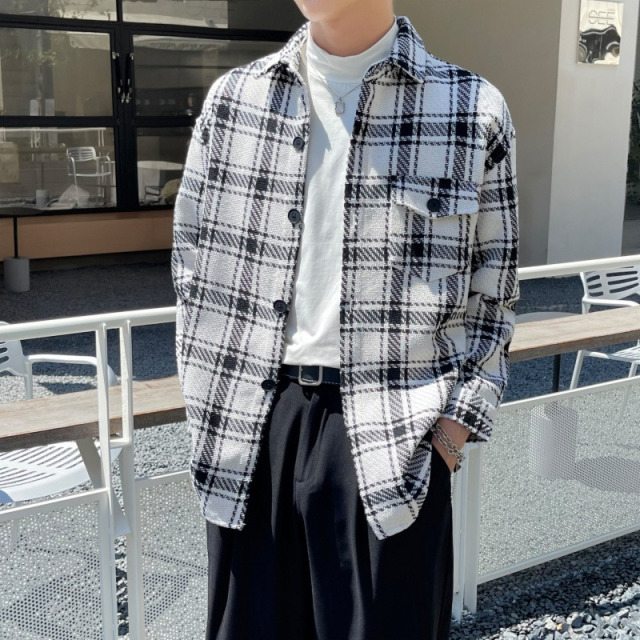 11019336.龙中龙 格子工装衬衫男士春秋款潮牌宽松翻领衬衣时尚休闲长袖夹克外套男