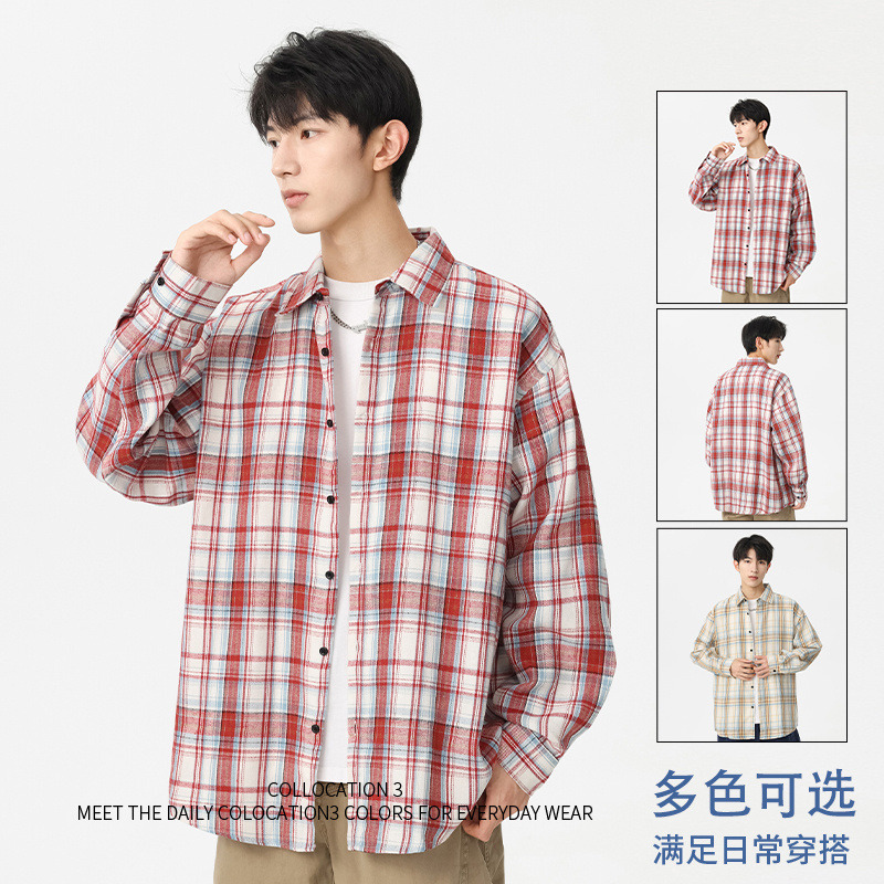 11023009.龙中龙 男士长袖衬衫秋季新款休闲宽松翻领外套格纹衬衣男款