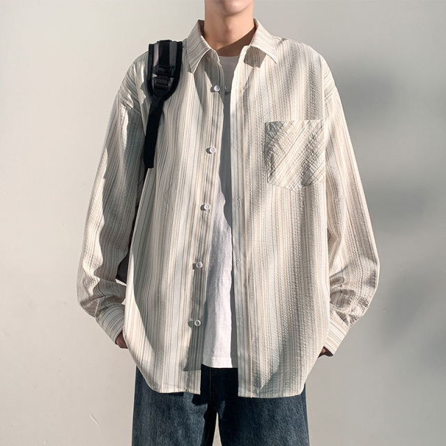 12186089.龙中龙 衬衫男春夏季新款条纹长袖衬衣外套宽松休闲百搭潮流上衣