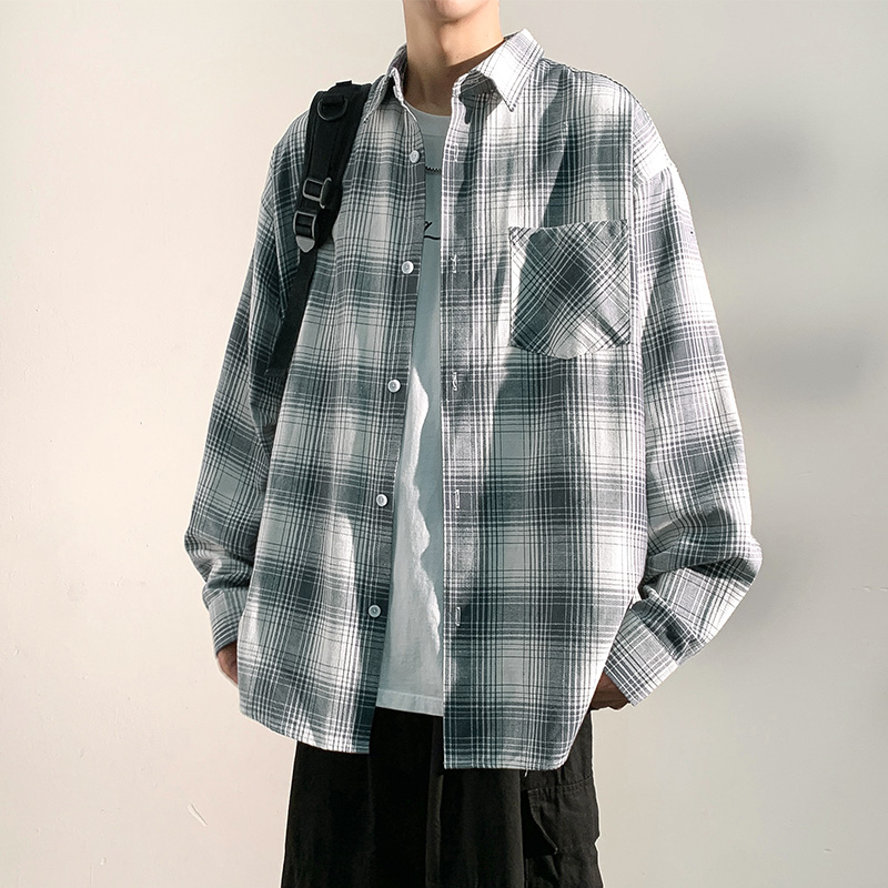 12185821.龙中龙 格子衬衫男青少年春夏外穿上衣男生休闲帅气长袖衬衫