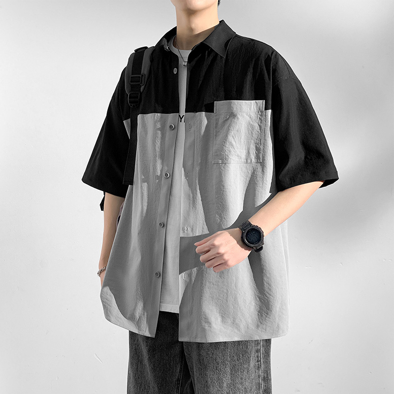 12188416.龙中龙 男夏季新款撞色工装薄款青少年短袖休闲衬衣外套