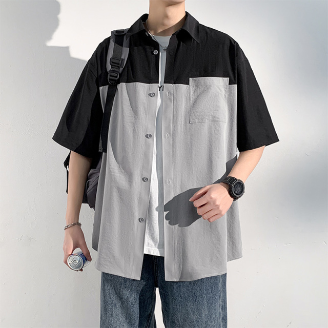 12188416.龙中龙 男夏季新款撞色工装薄款青少年短袖休闲衬衣外套