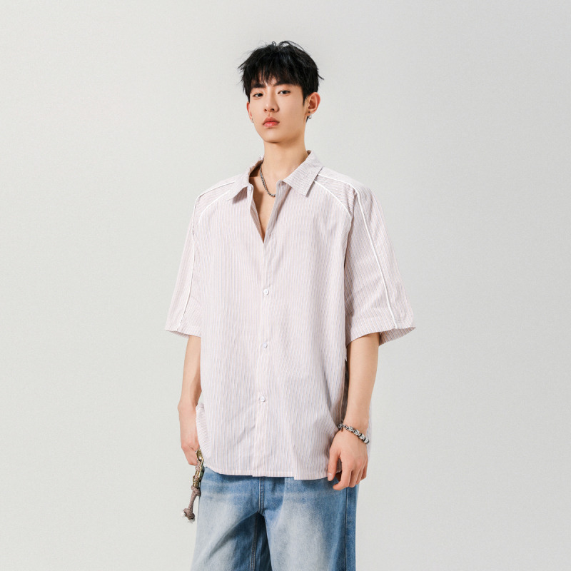 12274714.龙中龙 短袖条纹衬衫夏季男士休闲青年帅气韩版修身潮流半袖衬衣