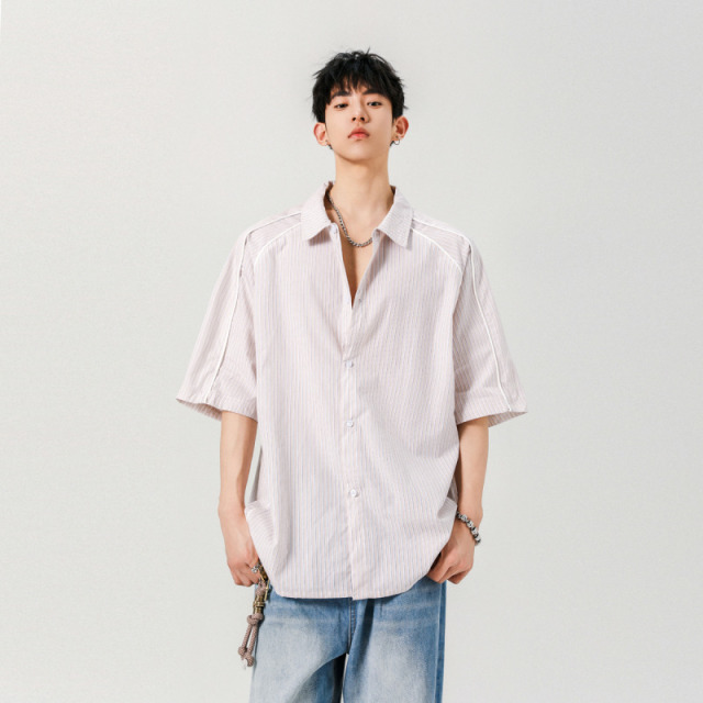 12274714.龙中龙 短袖条纹衬衫夏季男士休闲青年帅气韩版修身潮流半袖衬衣