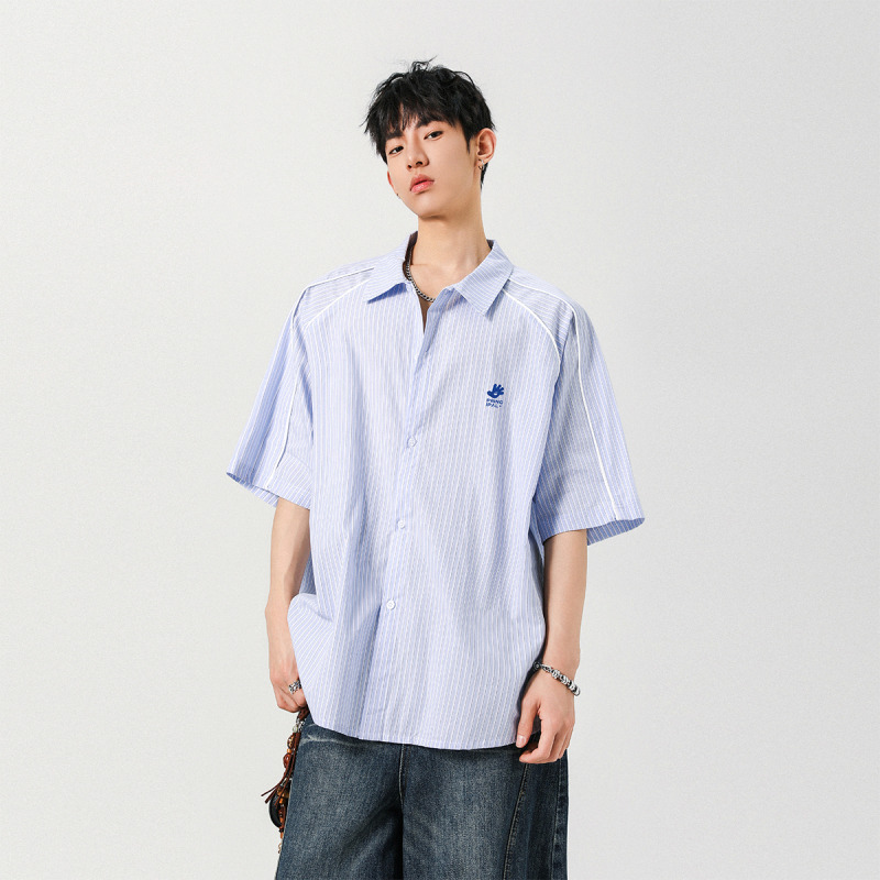 12274749.龙中龙 男士夏装短袖条纹衬衫潮流韩版修身薄款衬衣