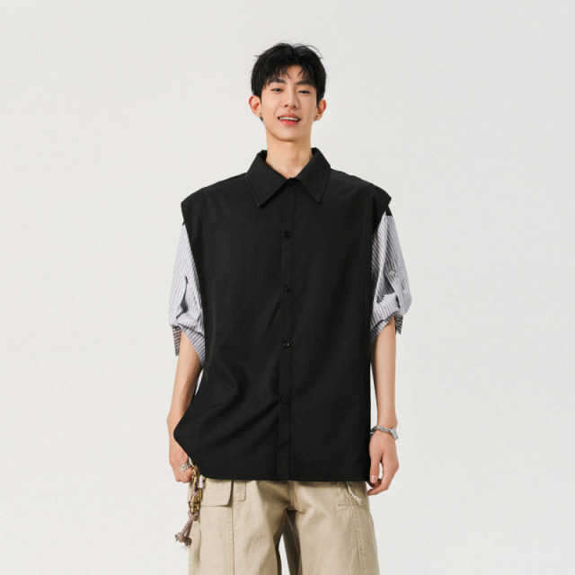 12275724.龙中龙 夏季薄款拼接短袖衬衫男装休闲痞帅新款半截袖衬衣外套