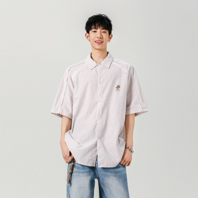 12274749.龙中龙 男士夏装短袖条纹衬衫潮流韩版修身薄款衬衣