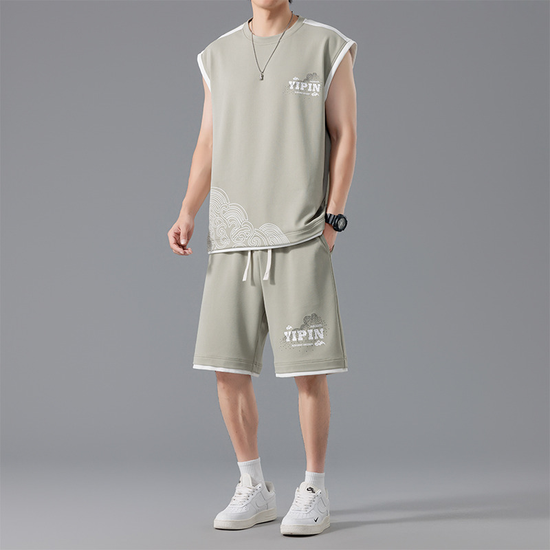 12344497.龙中龙 背心短裤套装男夏季青少年轻薄款休闲无袖T恤穿搭两件套