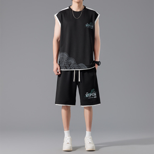 12344497.龙中龙 背心短裤套装男夏季青少年轻薄款休闲无袖T恤穿搭两件套