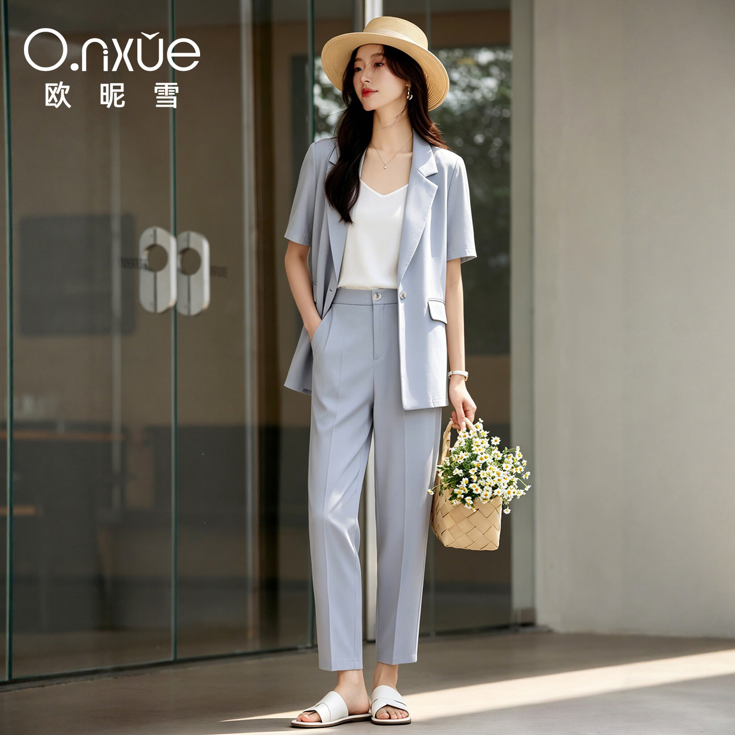 9161483.欧昵雪【OL职业风西装套装】夏装新品时尚商务风通勤直筒显瘦女士套裤