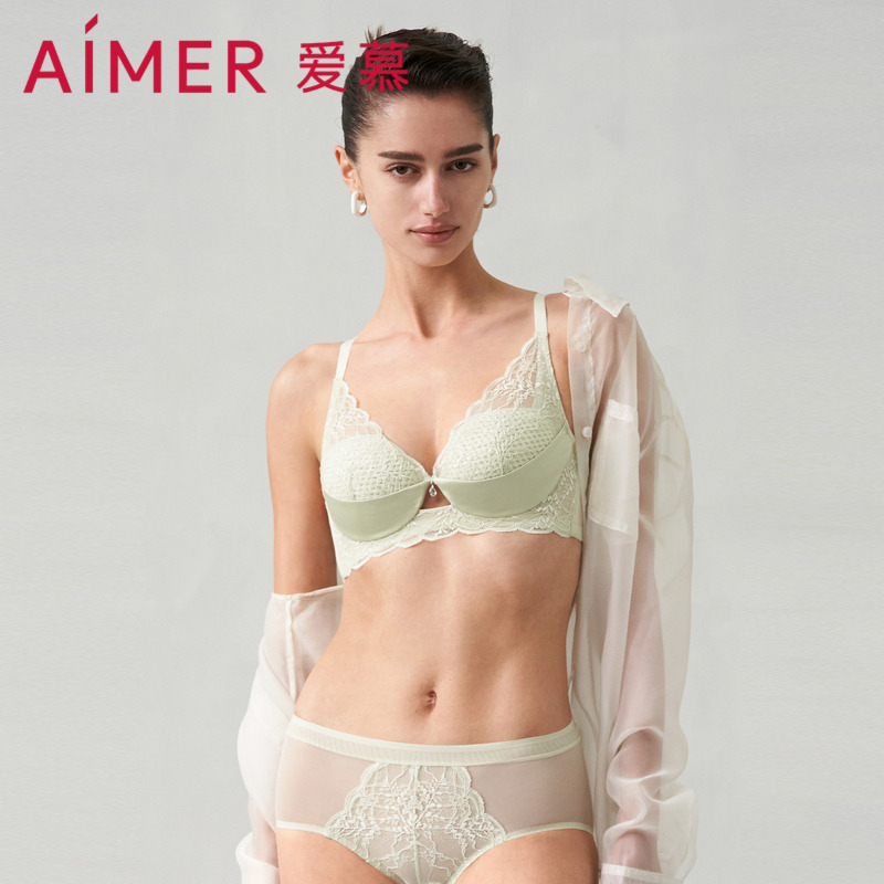 12068234.AIMER/爱慕【小苍兰】蕾丝内衣大胸显小薄款透气聚拢文胸内衣内裤DY202406