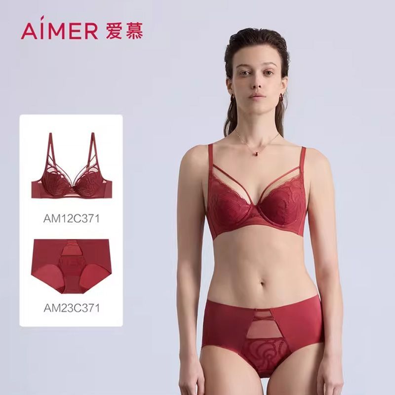 13087140.爱慕瑰丽内衣女无纺布大胸显小大罩杯本命年红薄杯文胸内裤套装AM2025054