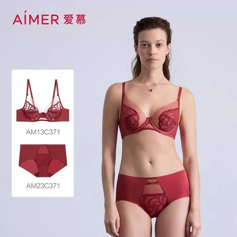 13087213.爱慕瑰丽内衣女性感轻薄杯本命年红品大胸显小大罩杯文胸内裤套装AM2025055