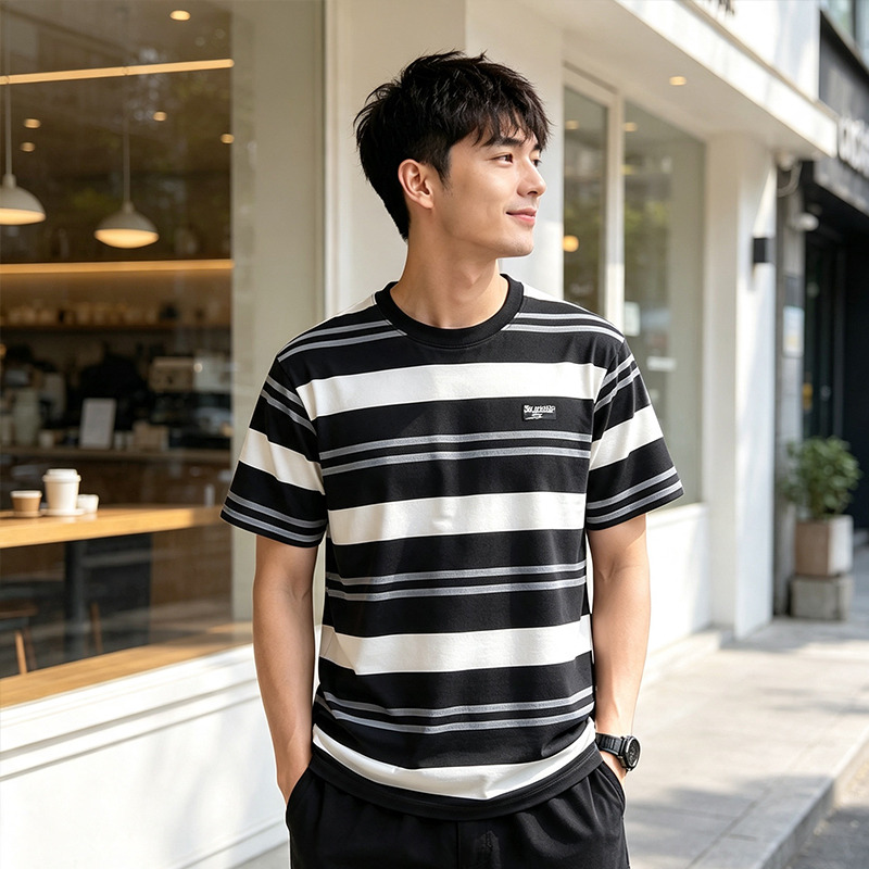 13674249.361°夏季透气圆领短袖简约纯棉男装条纹运动T恤552429120