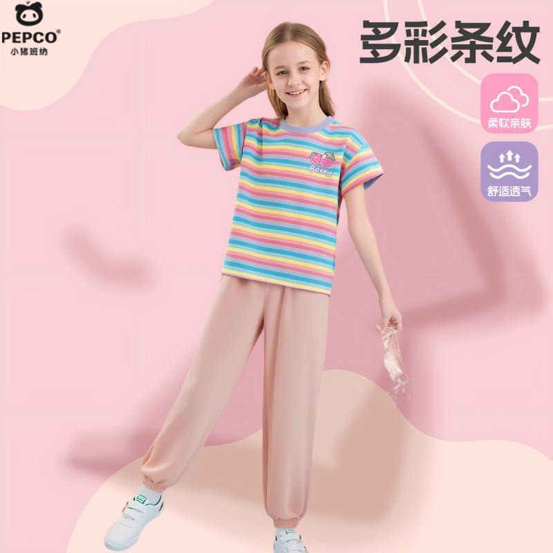 13334902.女童短袖t恤套装2026新款女大童条纹衣服儿童夏装运动服-