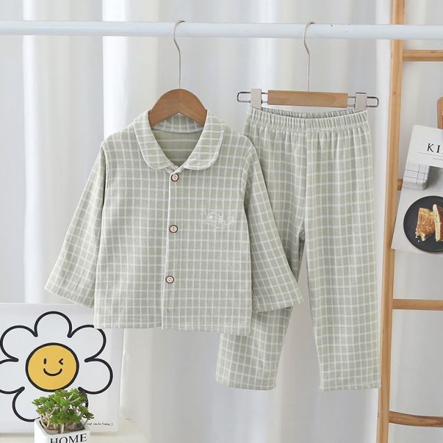 13335230.A类儿童长袖长裤家居服宝宝秋冬磨毛套装中大童格子开衫睡衣翻领