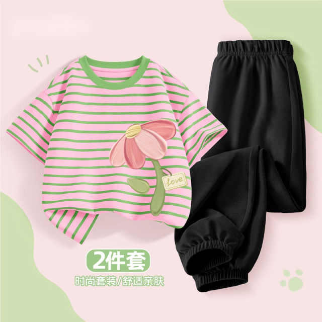 13334989.女童短袖t恤夏季2026新款时髦洋气女孩短袖防蚊裤套装