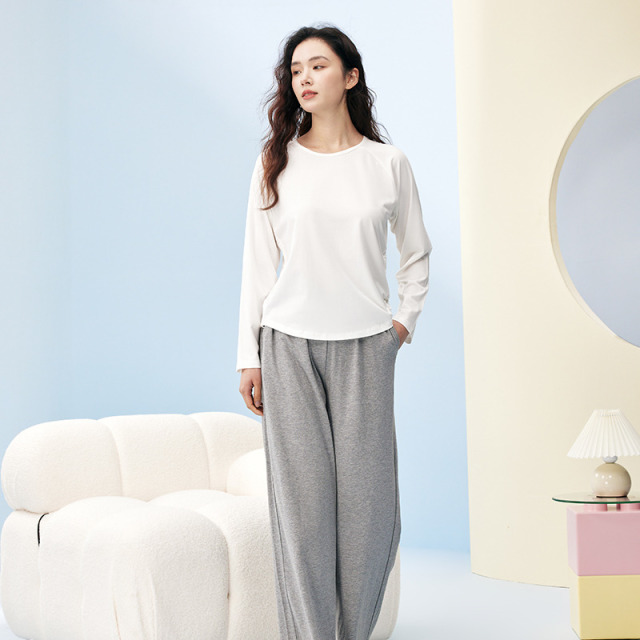 13535724.樱蔓云兰精莫代尔棉睡衣女撞色可外穿女士睡衣家居服圆领居家套装