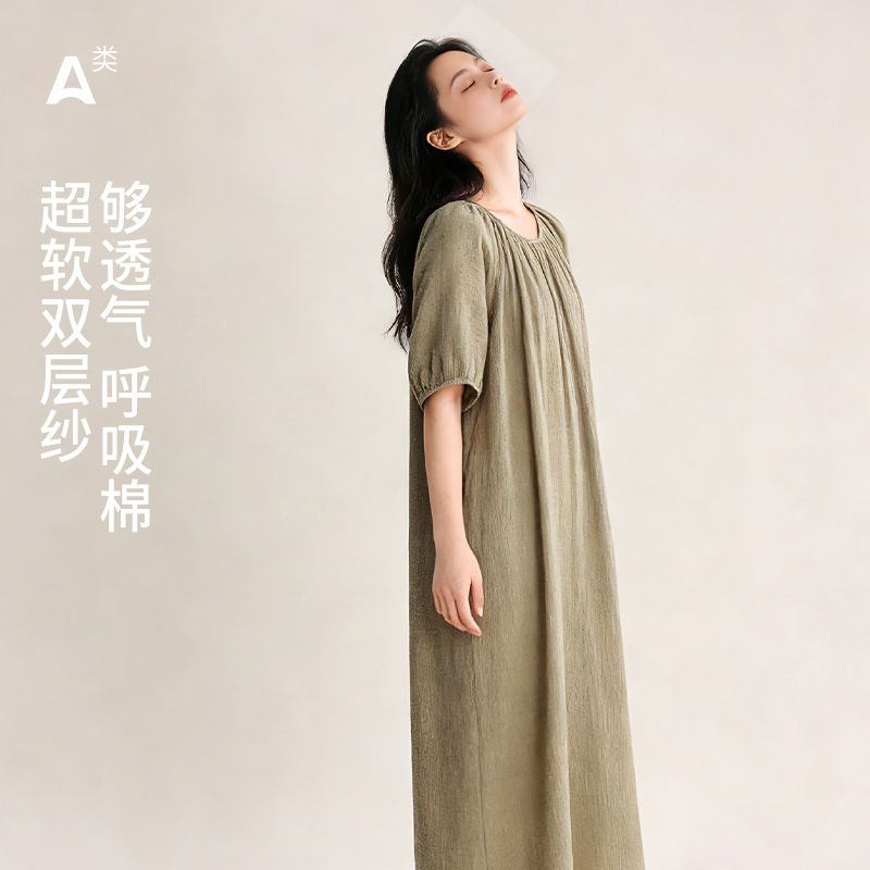 13491845.樱蔓云A类纯棉全棉双层纱布睡裙女春夏抽褶领口女士日系复古睡衣长裙