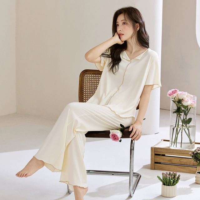 13537433.樱蔓云A类莫代尔棉薄款女夏短袖长裤套装凉感睡衣家居服莫代尔短袖睡衣