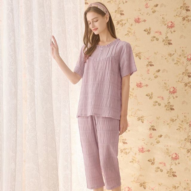 13537641.樱蔓云60支长绒棉绉布短袖睡衣女夏批发 春夏薄款女士家居服套装可外穿