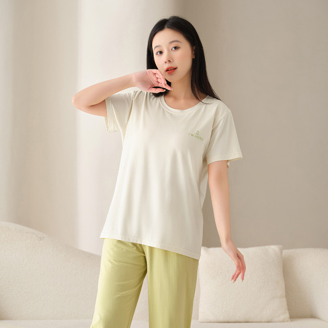 13535566.樱蔓云A类莫代尔棉带胸垫睡衣女套装凉感短袖长裤夏季女士睡衣家居服女