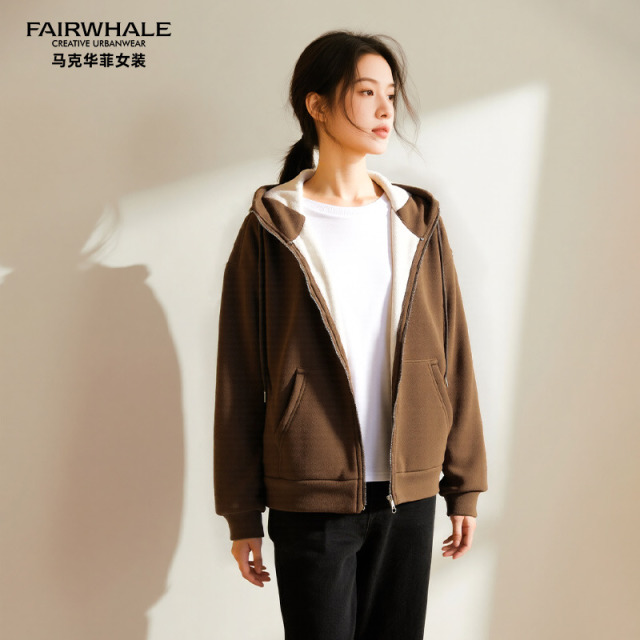 12543291.马克华菲女装2025秋冬新款加绒连帽卫衣舒适有型防风抗寒保暖上衣