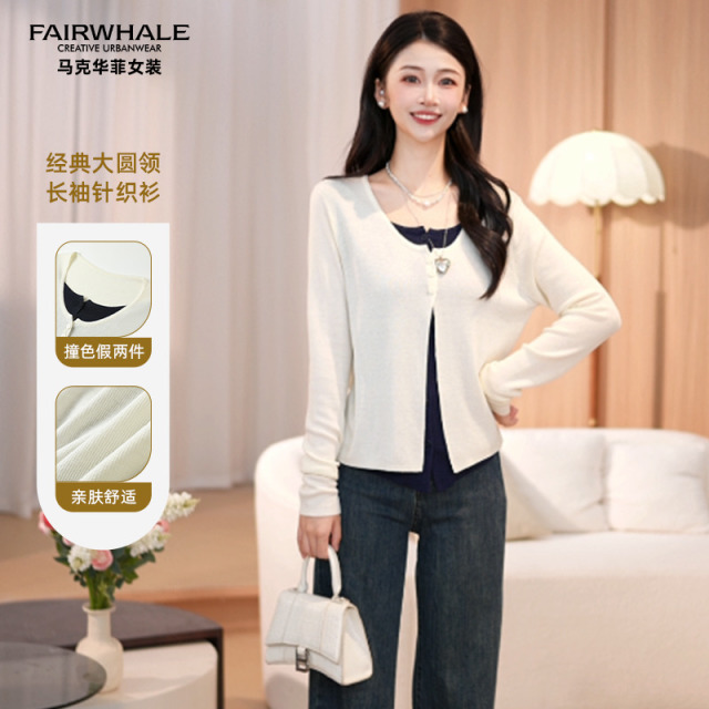 12550784.马克华菲女装秋季设计感撞色针织衫假两件简约时尚长袖拼接上衣