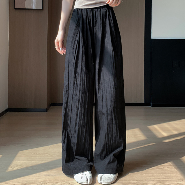 13532179.【衣购思】女款棉麻慵懒感阔腿裤子褶皱冰丝直筒女裤运动裤