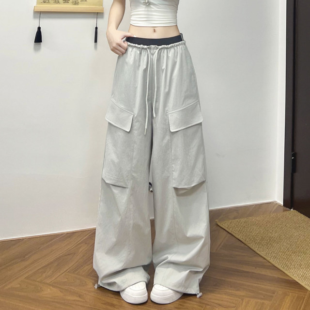 13532527.【衣购思】拼接腰工装裤女夏薄款高腰显瘦休闲运动风速干阔腿裤