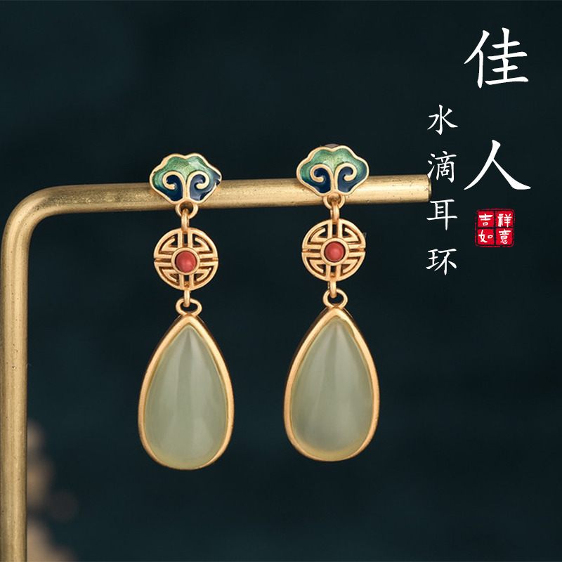 12631083.晶芭莎 新中式轻奢精工汉服旗袍耳饰彩绘珐琅复古祥云耳环