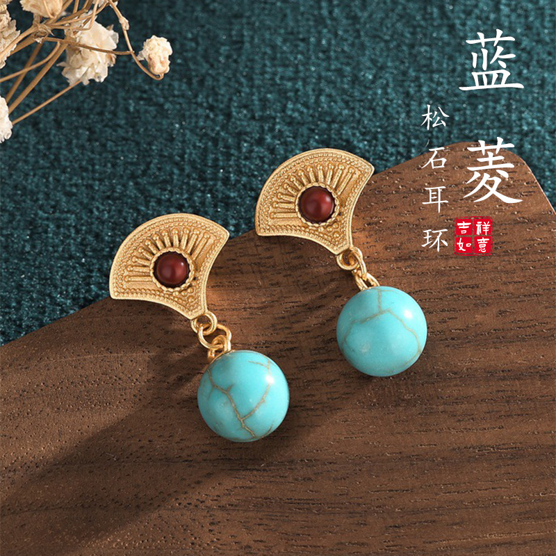 12631079.晶芭莎 新中式复古绿松耳环古法金轻奢精工镀金镶嵌绿松耳环