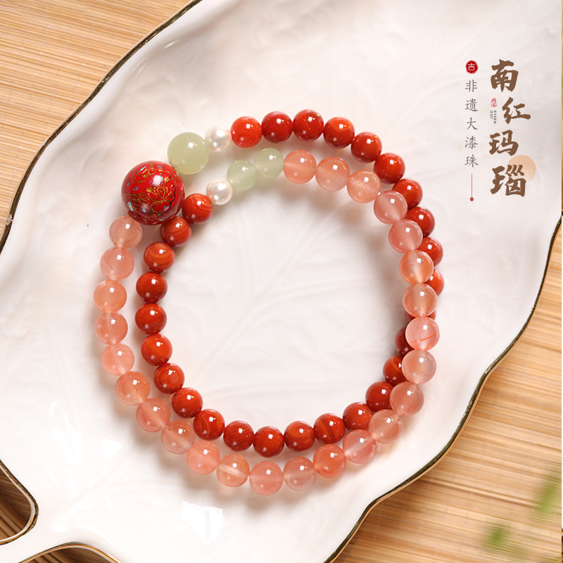 12629037.晶芭莎 非遗大漆珠冰飘南红玛瑙双圈手链南红串拼接设计款珍珠多圈手链