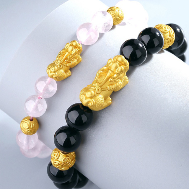 13612126.晶芭莎 粉晶黑曜石手链男女情侣手链好运珠男女生日礼物