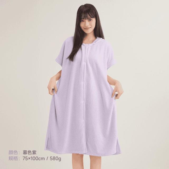 12697000.斜月三星高颜值珊瑚绒浴裙浴衣连帽柔软不掉毛系扣
