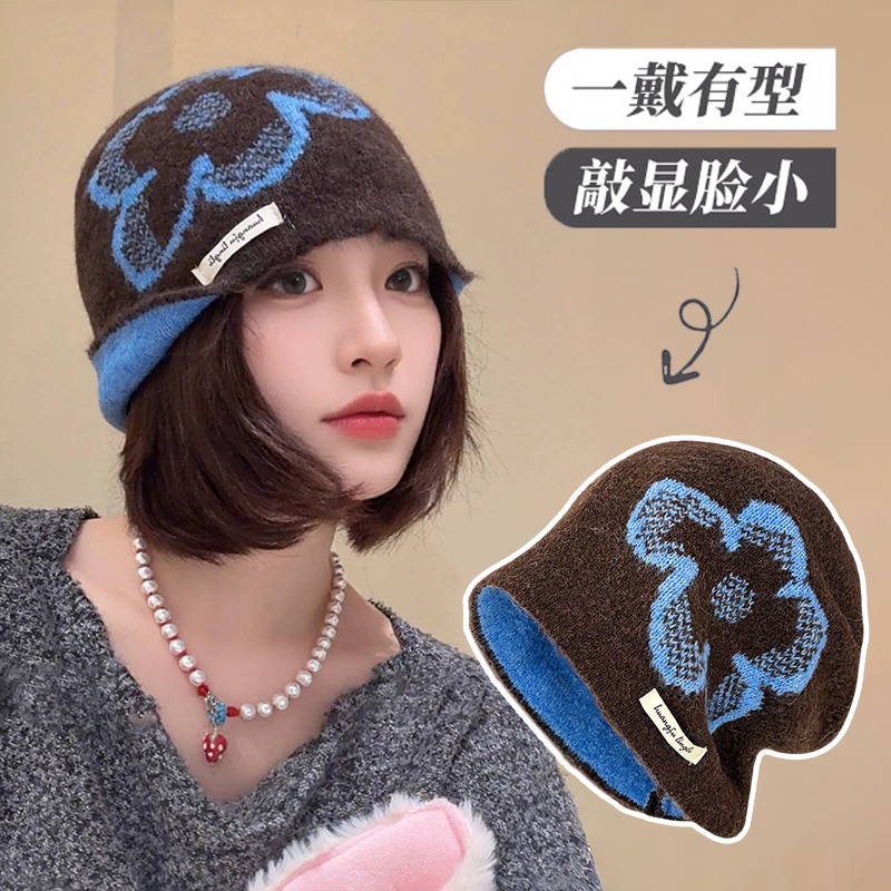 12993397.【提花冷帽】韩系显脸小花朵包头帽子秋冬保暖氛围感出片针织帽