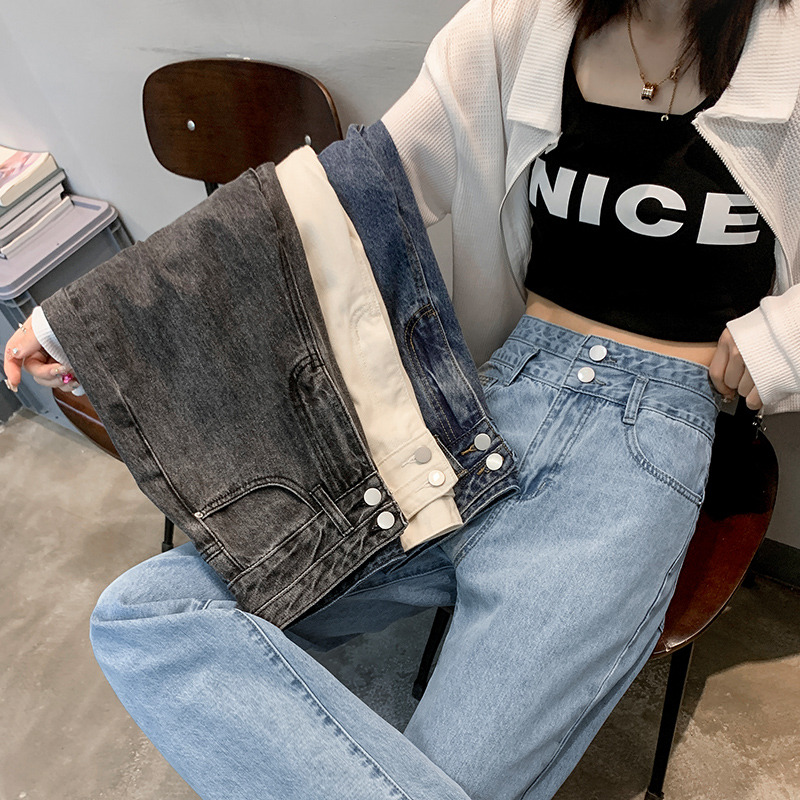 13587100.歌谛婕  窄版直筒宽松显瘦牛仔裤女双扣设计感高腰阔腿百搭拖地裤