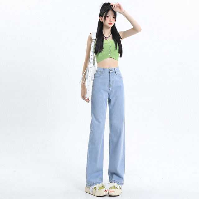 13587113.歌谛婕 黑色高腰阔腿直筒拖地牛仔裤女装