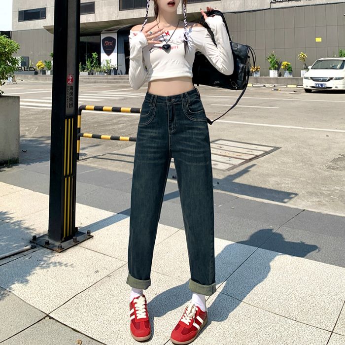 11607092.歌谛婕 卷边高腰哈伦牛仔裤女显瘦直筒老爹烟管裤