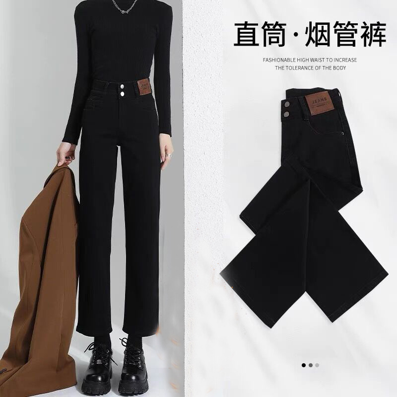 13587085.歌谛婕 设计感裤腰窄版纯黑色修身显瘦弹力小直筒牛仔裤女装