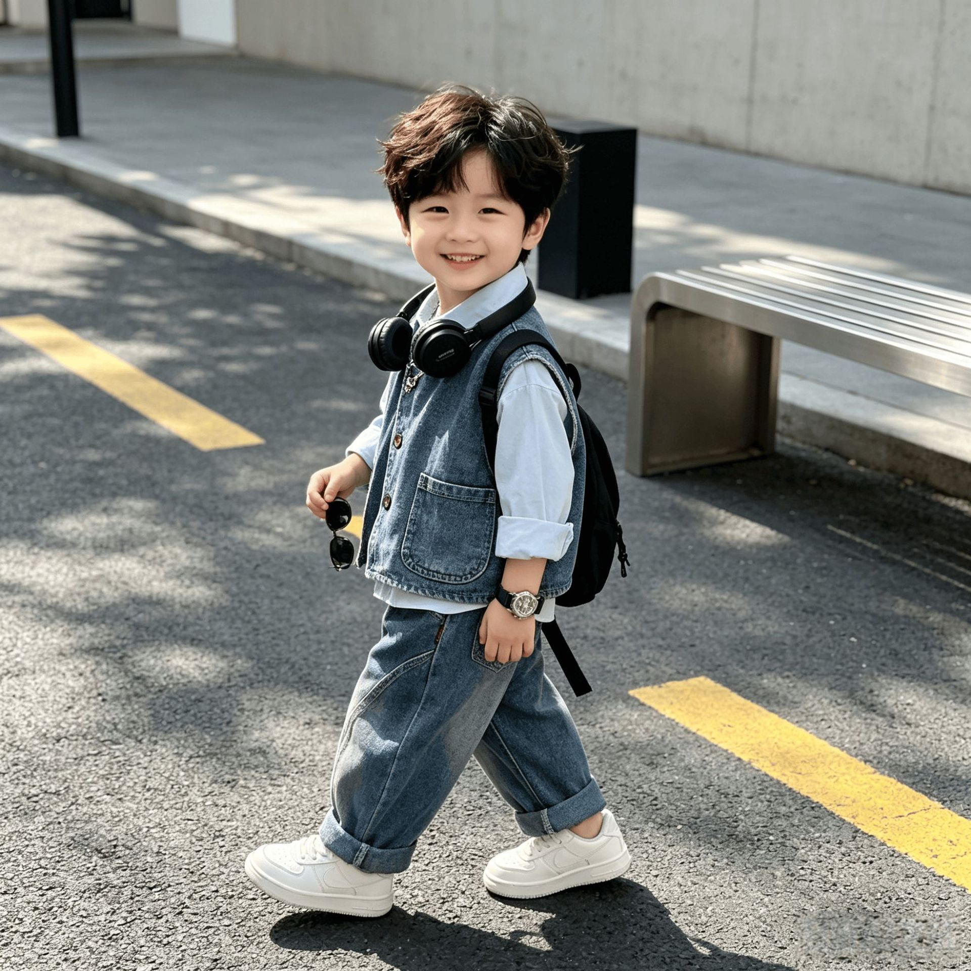 13797614.男宝春秋百搭牛仔三件套复古水洗圆领牛仔背心韩范日常外出套装