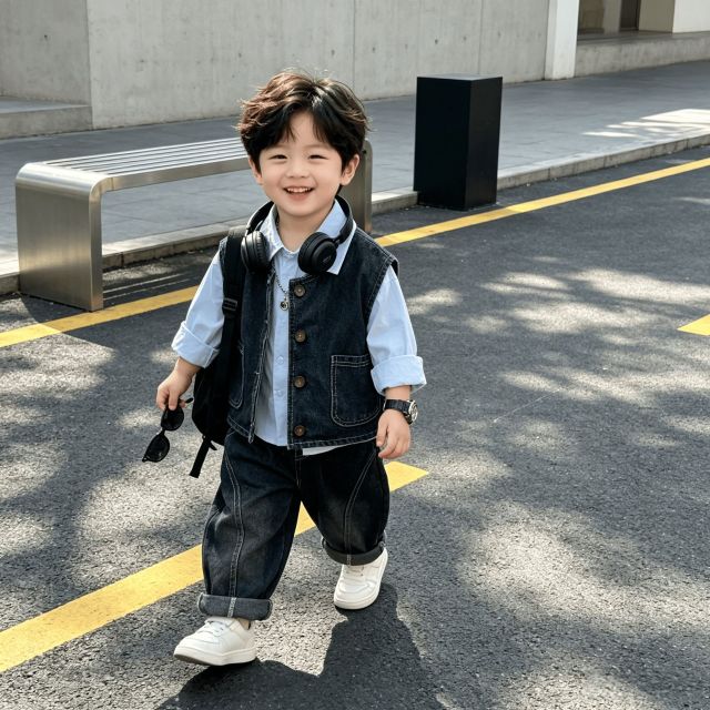 13797614.男宝春秋百搭牛仔三件套复古水洗圆领牛仔背心韩范日常外出套装