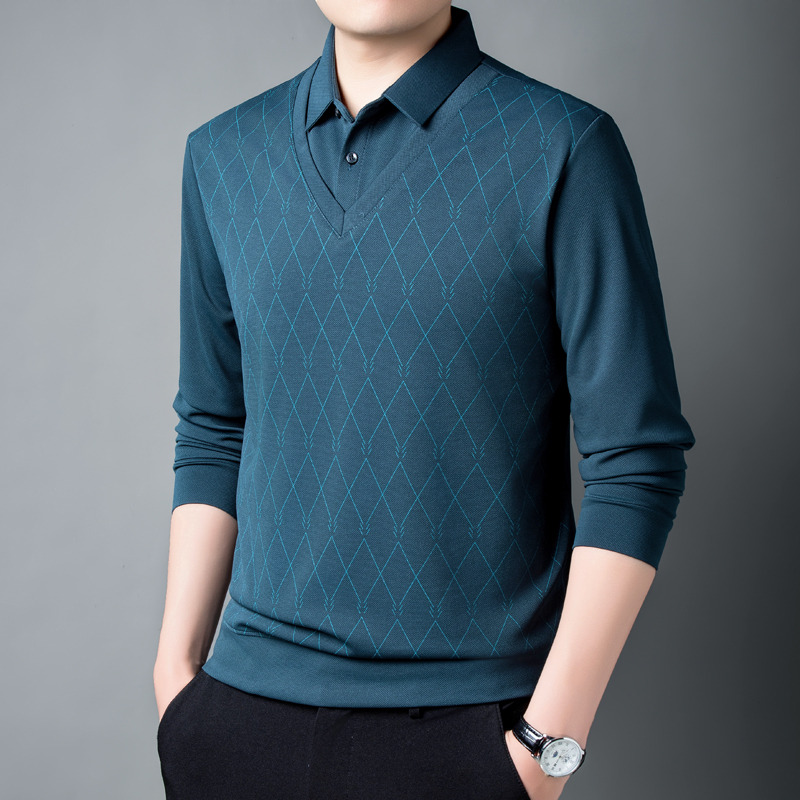 11630558.雄狮春秋季爸爸长袖T恤打底衫中老年假两件上衣服男士宽松休闲爷爷装