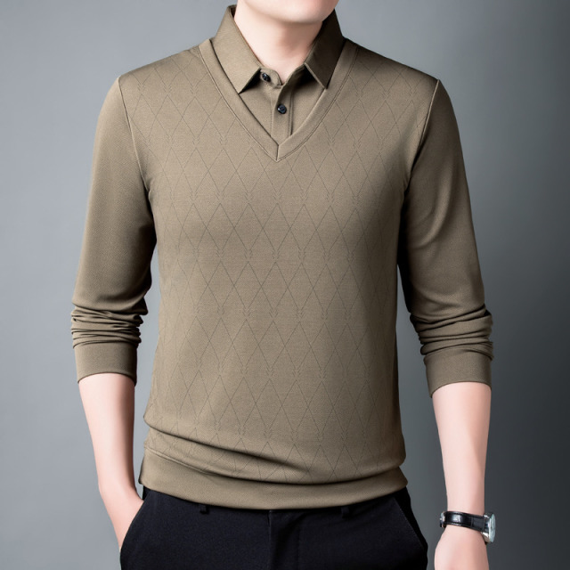 11630558.雄狮春秋季爸爸长袖T恤打底衫中老年假两件上衣服男士宽松休闲爷爷装