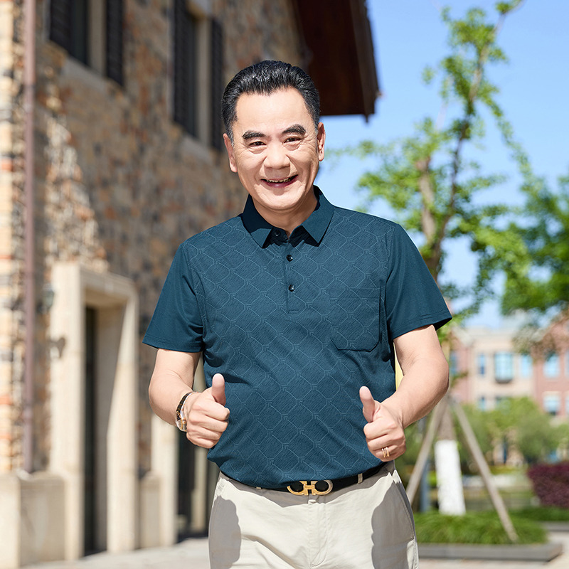 13438810.雄狮中年男士夏季口袋款短袖Polo衫爸爸夏装翻领t恤