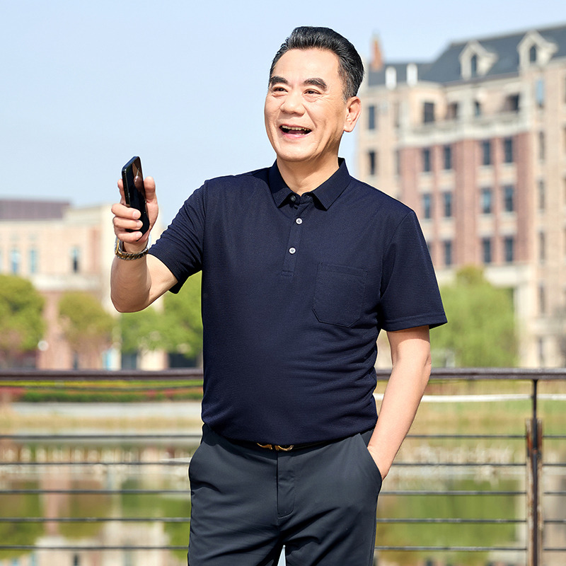 13452577.雄狮中年男士短袖t恤衫夏季中老年爸爸装透气翻领男装POLO衫