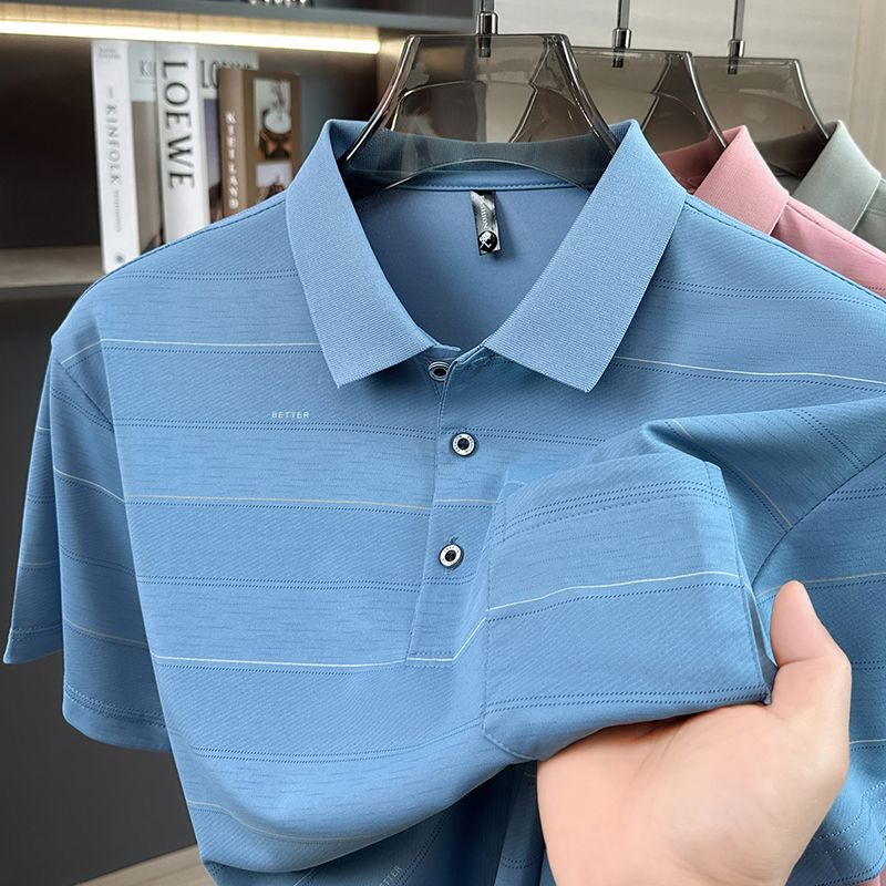13492425.雄狮爸爸夏装短袖T恤中年男士POLO衫中老年条纹上衣服